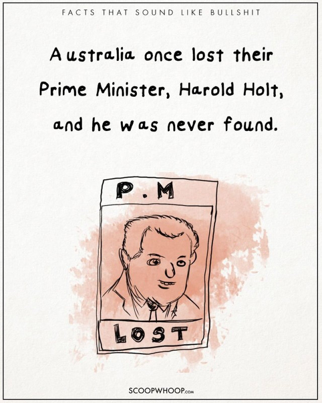 Thủ tướng Úc bị mất tích. Ông đã đi bơi tại bãi biển Cheviot, Victoria, và không bao giờ được nhìn thấy một lần nào nữa. Ông được cho là đã chết vào ngày 17 Tháng 12 1967.